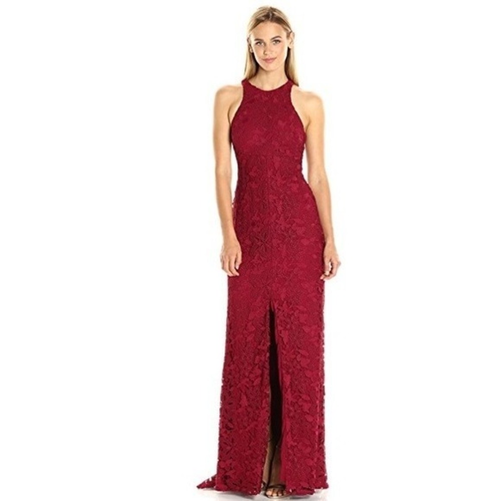 Vera Wang Front Slit Deep Red Gown Lace Maxi Dress Sz 2 Party Event Wedding